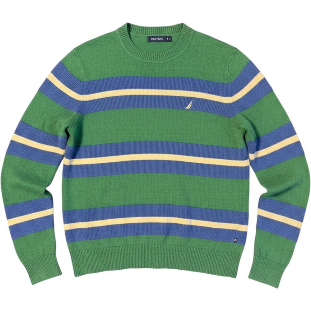 Nautica Mens Large Green Blue Striped Crewneck Pullover Knit Sweater Logo